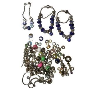HUGE 147pc Charms & Bracelets Bundle Murano Glass Pandora Style Dangle Beads